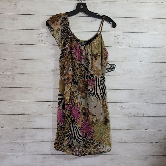 Angie Mixed Print One Shoulder Ruffle Dress Animal Floral Tagged M Fits Small - Picture 10 of 10